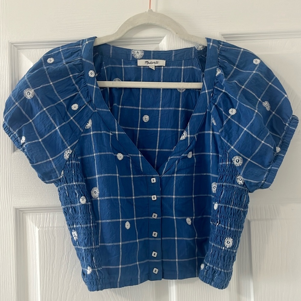 Madewell Blue and White Puff Sleeve Crop Blouse